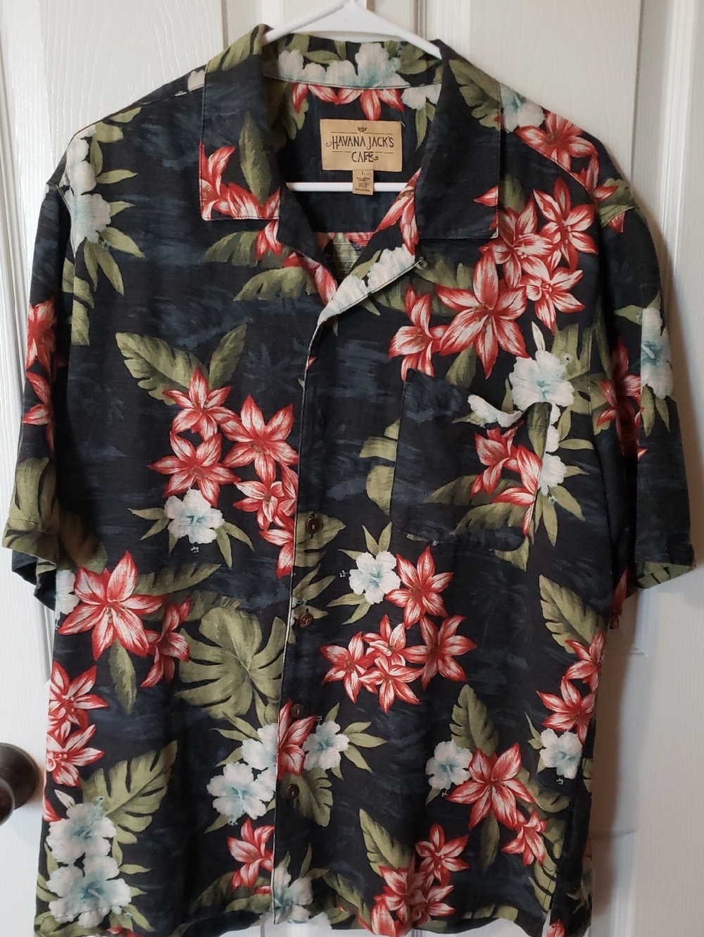 Havana Jack's Cafe Floral Hawaiian Shirt - Red & Green Print Size Large